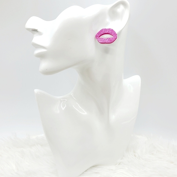 Fuchsia Glitter Lips Stud Earrings - Picture 3 of 3